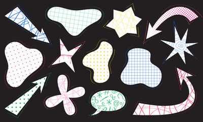 Abstract shapes with trendy scribble texture. Collage elements.