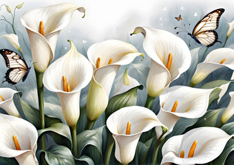 Delicate white callas with butterflies on an abstract gray background. Wallpaper design with white calla lilies. Gerative AI