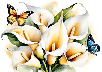Watercolor white callas with yellow and blue butterflies on an abstract background. Watercolor wallpaper with white callas. Gerative AI