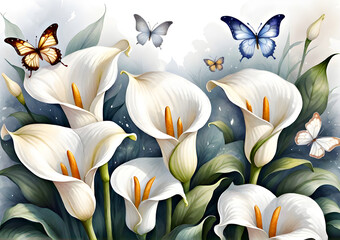 Wallpaper design. White callas with butterflies on an abstract gray background. Watercolor wallpaper with white callas. Gerative AI
