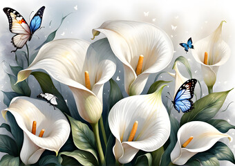 Watercolor illustration. White callas with butterflies on an abstract background. Wallpaper design with white calla lilies. Gerative AI