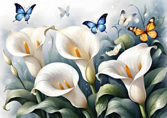 Wallpaper design. White callas with yellow and blue butterflies on an abstract gray background. Watercolor wallpaper with white callas. Gerative AI