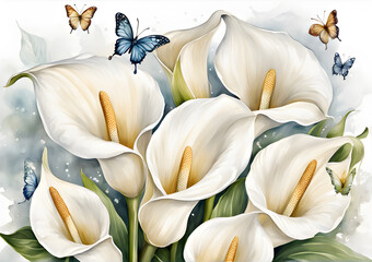 Wallpaper design. Watercolor white callas with butterflies on a white background. Gerative AI
