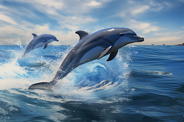 Fototapeta premium The two playful dolphins are jumping across the waves of the vast ocean at sunset sunrise, morning. Generative AI.