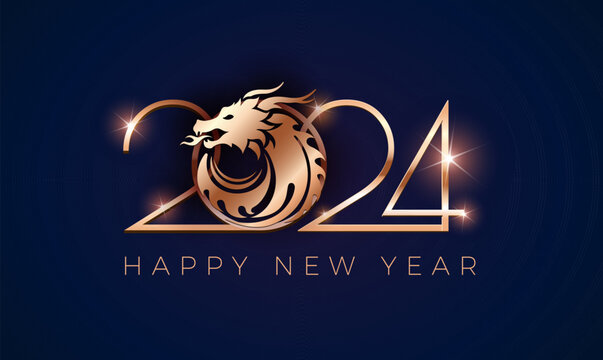 2024 New Year background. Chinese New Year celebration, dragon New Year - vector illustration gold and blue