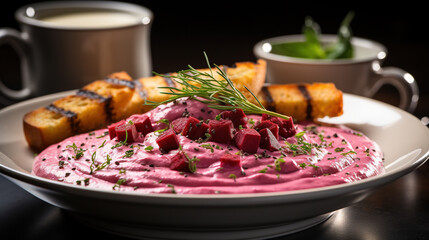 Cold Beet Pink Delicious Soup in Garnished Bowl on Selective Focus Background