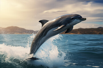 Obraz premium The two playful dolphins are jumping across the waves of the vast ocean at sunset sunrise, morning. Generative AI.