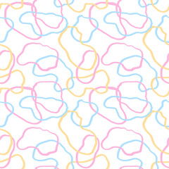 Wavy Seamless cute squiggle Pattern. Seamless print of colorful abstract squiggles print, scribble spiral and wavy lines. Pastel Chaotic ink brush scribbles. Vector illustration