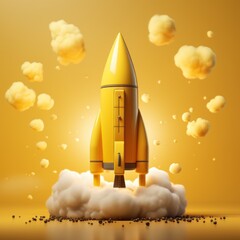 A mini rocket taking off outdoors emitting thick smoke is good for technology, business, backgrounds, wallpapers, blogs, advertising, decoration etc. Generative Ai Image