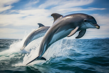 The two playful dolphins are jumping across the waves of the vast ocean at sunset  sunrise, morning. Generative AI.