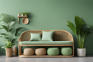 Rattan sofa with light green cushions, wicker basket and big plants against green wall with shelf. Scandinavian interior design of modern living room.
