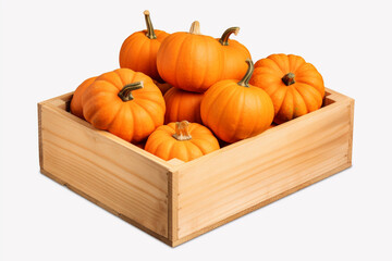 Pumpkins in a wooden crate on a white background, isolated