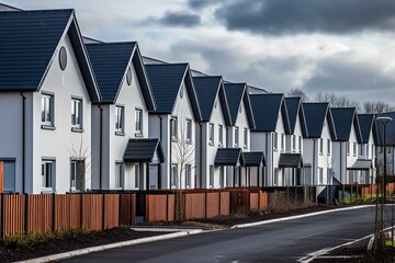 A row of newly built detached houses in a developing residential area. Generative AI