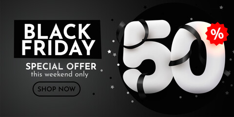 50 percent Off. Black Friday Sale composition with decorative objects. Discount banner and poster.