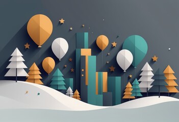 3d illustration of christmas landscape with mountains and snow.3d illustration of christmas landscape with mountains and snow.christmas tree, paper cut, paper art, craft, christmas, new year. 3d illus