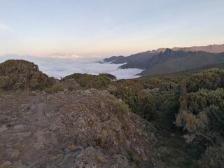 Beautiful mountain views from above the clouds on Mount Kilimanjaro in Tanzania, Africa