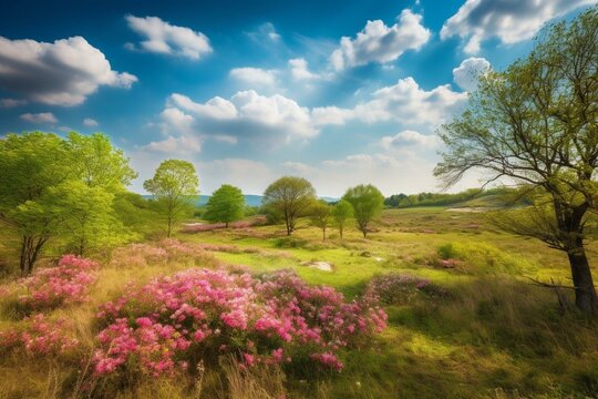 Vibrant landscape with pink flowers, green trees, flowering meadow, and blue sky. Generative AI