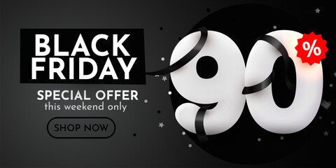 90 percent Off. Black Friday Sale composition with decorative objects. Discount banner and poster.