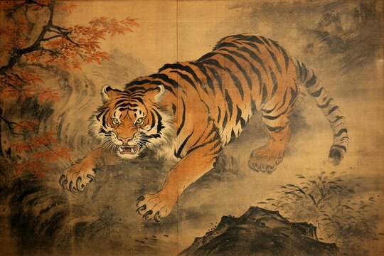 Asian-style vintage tiger painting on canvas print. Generative AI