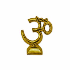 Polished solid brass om sign, with a small base, displayed on a white background