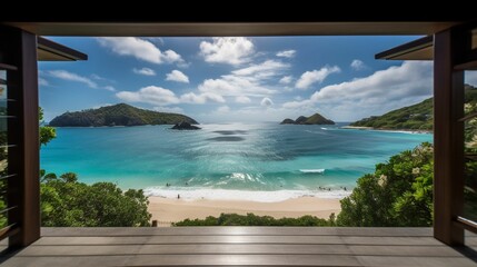 AI generated illustration of a door opening to a picturesque beach with crystal blue waters