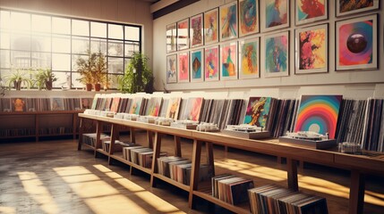 A record store housing vinyl albums, their artwork presented in a visually captivating manner on wooden racks. - obrazy, fototapety, plakaty