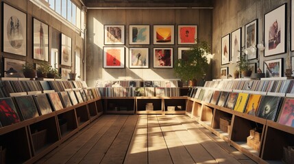 A record store housing vinyl albums, their artwork presented in a visually captivating manner on wooden racks.