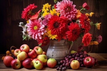 Obraz na płótnie Canvas Autumnal still life: flower bouquet, apples, berries on wooden table. Colorful dahlias and chrysanthemums. Generative AI