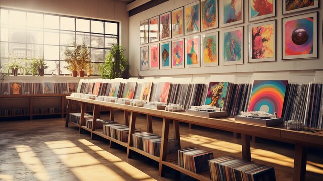 A record store housing vinyl albums, their artwork presented in a visually captivating manner on wooden racks.