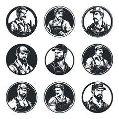 Retro vintage construction worker in uniform. Logo style clipart. Simple art builder portrait. Minimalistic worker logo. Transparent PNG. Vector illustration set isolated on white 