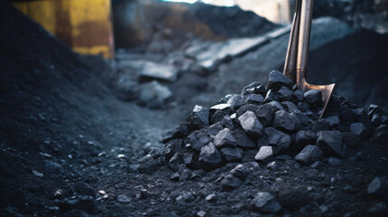 Heap of coal in a mine, Industrial coal mining in an open pit quarry, fossil fuels, environmental pollution - obrazy, fototapety, plakaty