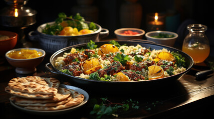 Assorted Dishes of Arabic Cuisine Middle Eastern Traditional Lunch Selective Focus Background - obrazy, fototapety, plakaty