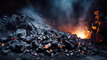 Heap of coal in a mine, Industrial coal mining in an open pit quarry, fossil fuels, environmental pollution - obrazy, fototapety, plakaty