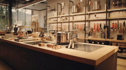 A store dedicated to kitchen gadgets, with a counter for demonstrations of the latest culinary tools.