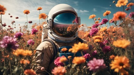 Creative astronaut in the flowers garden. An astronaut in flower. Ai ganerated image - obrazy, fototapety, plakaty