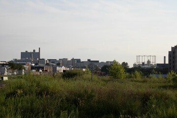Fototapeta na wymiar View of a lush grassy field with a modern city skyline in the background