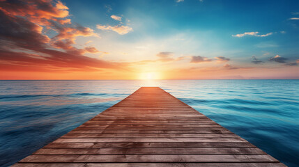 Wooden jetty with view on blue sea at sunset. Beautiful landscape background. Generative AI