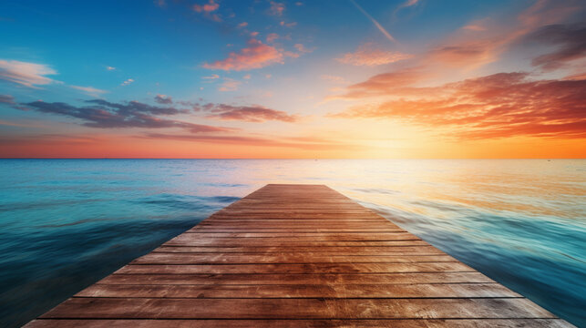 Wooden jetty with view on blue sea at sunset. Beautiful landscape background. Generative AI © Катерина Нагірна