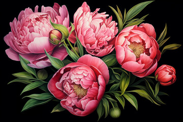 pink peonies on a black background