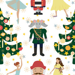 Nutcracker seamless pattern with Christmas tree, ballerinas, mouse king