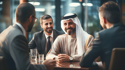 Multi-racial business meeting between a successful Arab investor and business people in an office. - obrazy, fototapety, plakaty