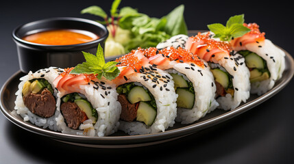 Kimbap - Rice Rolls Filled with Vegetables Meat and Pickled Radish Similar to Sushi Rolls on Blurred Background