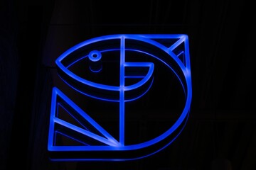 a lighted sign in the dark that is glowing like an image of a fish