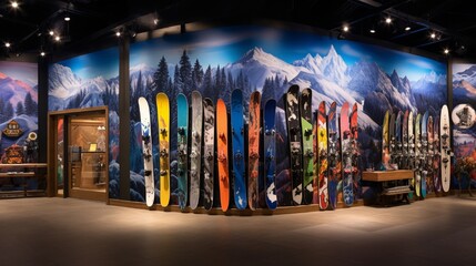 A winter sports store, snowboards and skis artfully leaning against a wall with a mountain mural. - obrazy, fototapety, plakaty