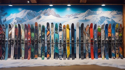 A winter sports store, snowboards and skis artfully leaning against a wall with a mountain mural. - obrazy, fototapety, plakaty