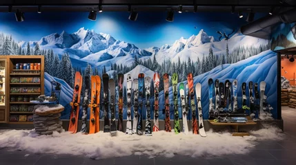 Tuinposter A winter sports store, snowboards and skis artfully leaning against a wall with a mountain mural. © AQ Arts