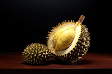 Yellow flesh of durian displayed with outer thorny shell on wooden table. Perfect for exotic fruit marketing.