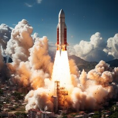 A mini rocket taking off outdoors emitting thick smoke is good for technology, business, backgrounds, wallpapers, blogs, advertising, decoration etc. Generative Ai Image