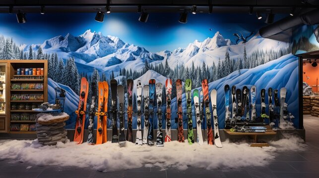 A winter sports store, snowboards and skis artfully leaning against a wall with a mountain mural.