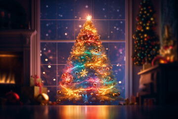 Decorated christmas tree with light and gifts